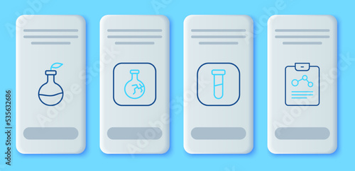 Set line Cracked flask, Test tube and, Plant breeding and Chemistry report icon. Vector