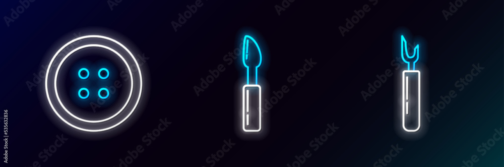Set line Cutter tool, Sewing button for clothes and icon. Glowing neon. Vector