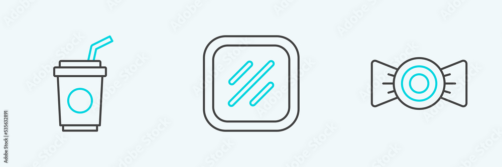 Set line Candy, Paper glass with straw and Steak meat icon. Vector Set line Candy, Paper glass with straw and Steak meat icon. Vector