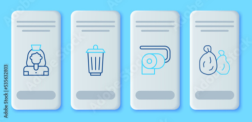 Set line Trash can, Toilet paper roll, Cleaning lady service and Garbage bag icon. Vector