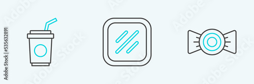 Set line Candy, Paper glass with straw and Steak meat icon. Vector