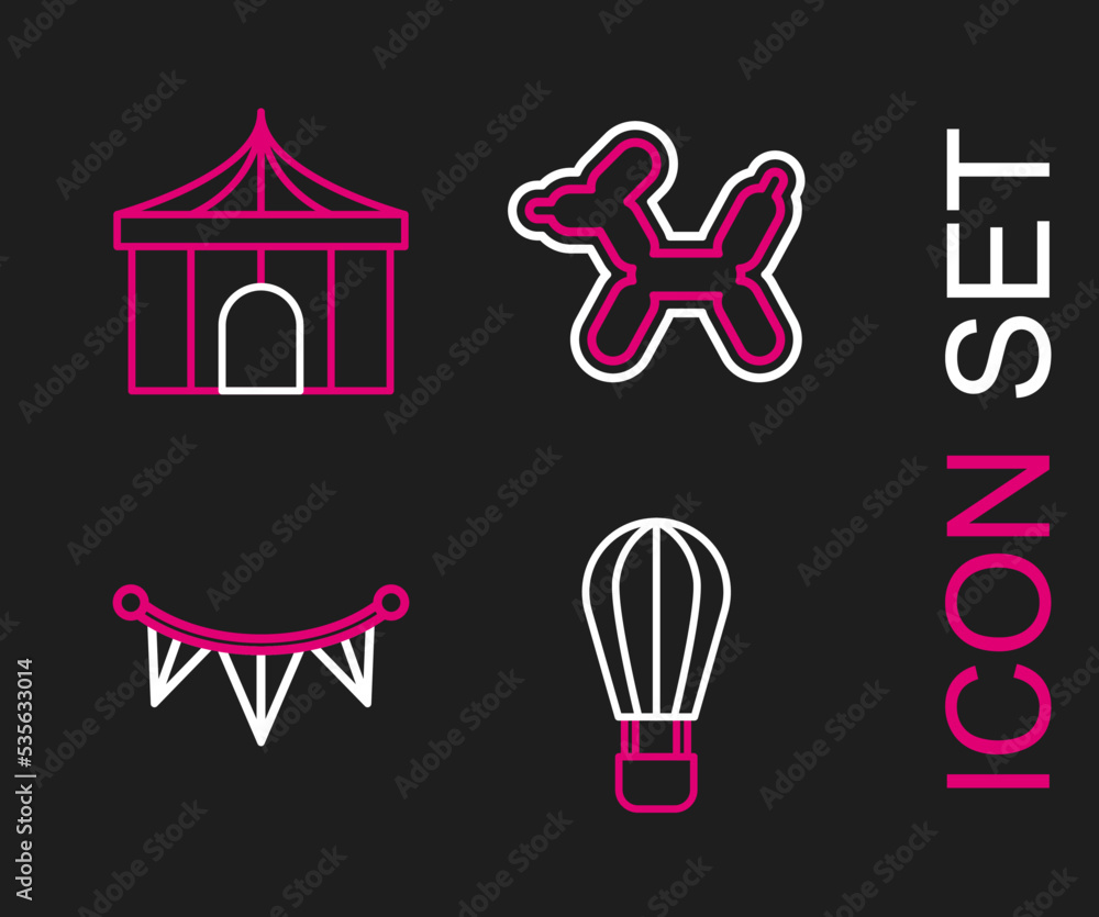 Set line Hot air balloon, Carnival garland with flags, Balloon dog and Circus tent icon. Vector Set line Hot air balloon, Carnival garland with flags, Balloon dog and Circus tent icon. Vector