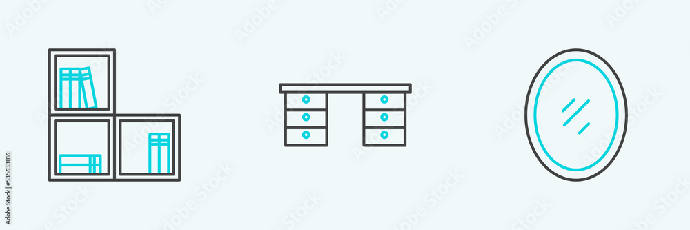 Set line Mirror, Shelf with books and Office desk icon. Vector