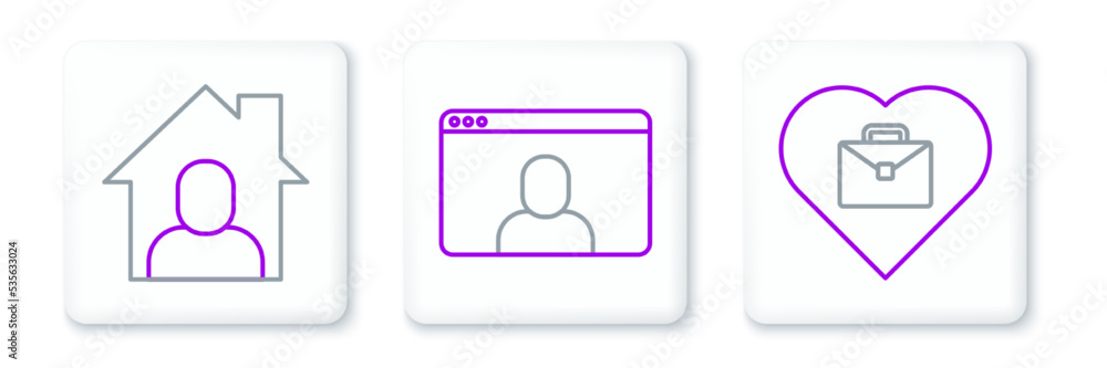 Set line Heart with text work, Online working and Video chat conference icon. Vector Set line Heart with text work, Online working and Video chat conference icon. Vector