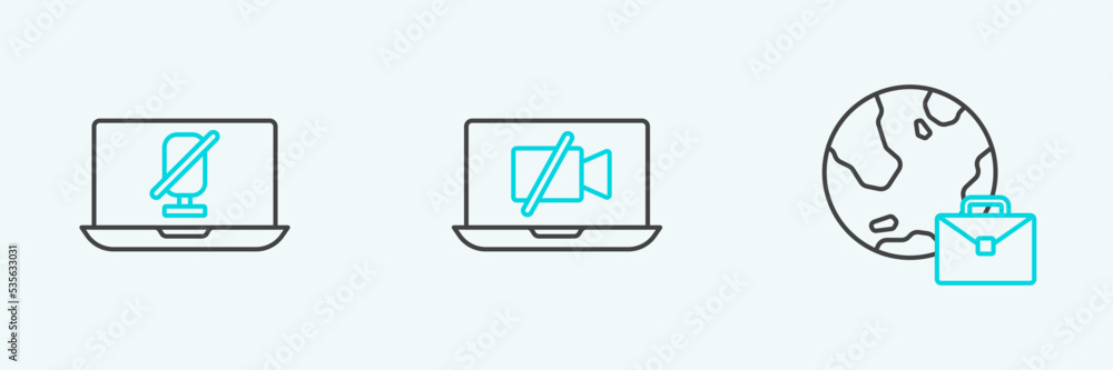 Set line Online working, Mute microphone on laptop and Video camera Off icon. Vector Set line Online working, Mute microphone on laptop and Video camera Off icon. Vector