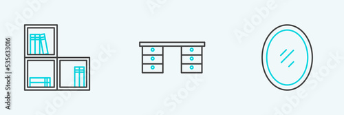Set line Mirror  Shelf with books and Office desk icon. Vector