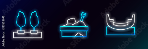 Set line Boat swing, Forest and Sandbox with sand icon. Glowing neon. Vector