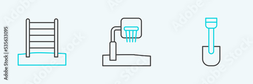 Set line Shovel toy, Swedish wall and Basketball backboard icon. Vector