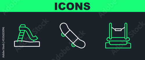 Set line Bungee, Kid slide and Skateboard trick icon. Vector