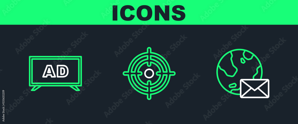 Set line Earth globe with mail, Advertising and Target icon. Vector Set line Earth globe with mail, Advertising and Target icon. Vector