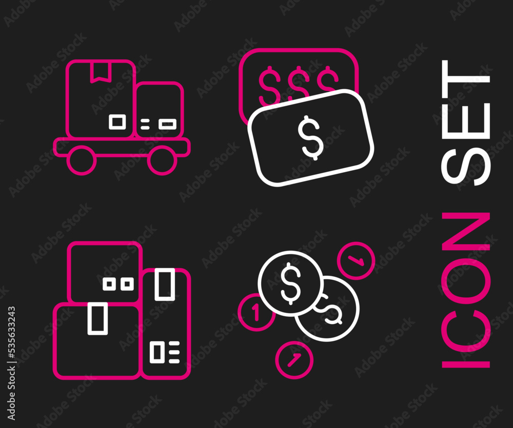 Set line Coin money with dollar, Cash register machine, New price tag and Hand truck and boxes icon. Vector Set line Coin money with dollar, Cash register machine, New price tag and Hand truck and boxes icon. Vector