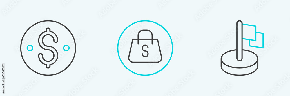 Set line Flag, Dollar symbol and Shopping bag with Sale icon. Vector Set line Flag, Dollar symbol and Shopping bag with Sale icon. Vector