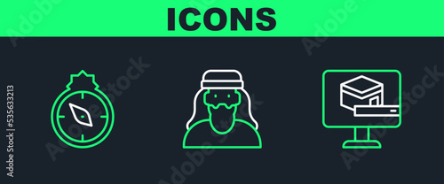 Set line Kaaba mosque, Qibla and Muslim man icon. Vector