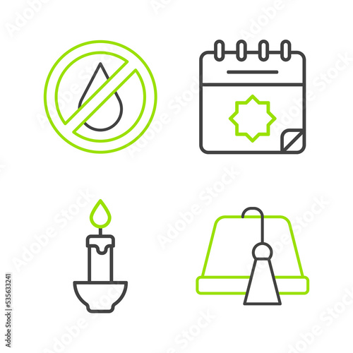 Set line Turkish hat, Burning candle, Ramadan calendar and No water icon. Vector