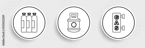 Set line Gas filling station, Industrial gas cylinder tank and Propane icon. Vector