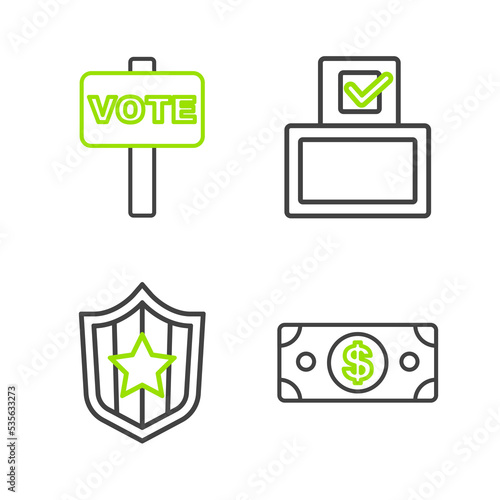 Set line Stacks paper money cash, Shield with stars, Vote box and icon. Vector