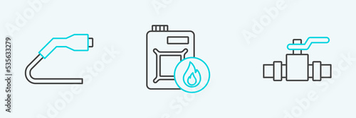 Set line Metallic pipes and valve, Electrical cable plug charging and Canister for motor oil icon. Vector