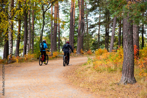 Unrecognized people bicycling in the forest in Autumn season. Healthy active lifestyle