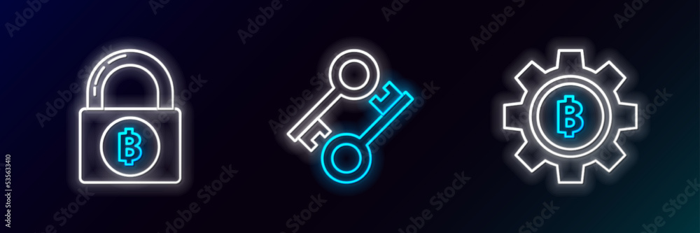 Set line Cryptocurrency coin Bitcoin, Lock with bitcoin and key icon. Glowing neon. Vector Set line Cryptocurrency coin Bitcoin, Lock with bitcoin and key icon. Glowing neon. Vector