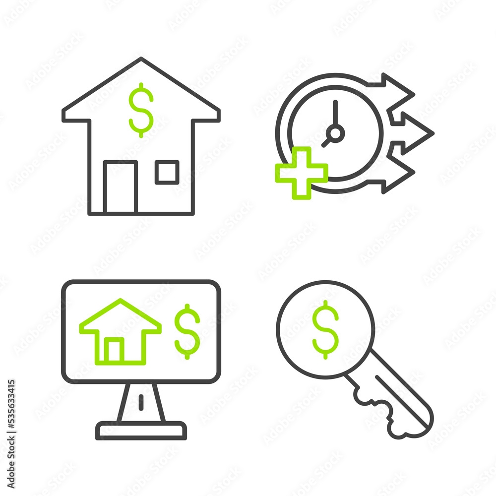 Set line Rent key, Online real estate, Clock and House with dollar icon. Vector Set line Rent key, Online real estate, Clock and House with dollar icon. Vector