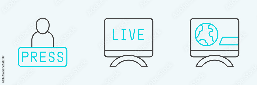 Set line Breaking news, Journalist and Live report icon. Vector Set line Breaking news, Journalist and Live report icon. Vector