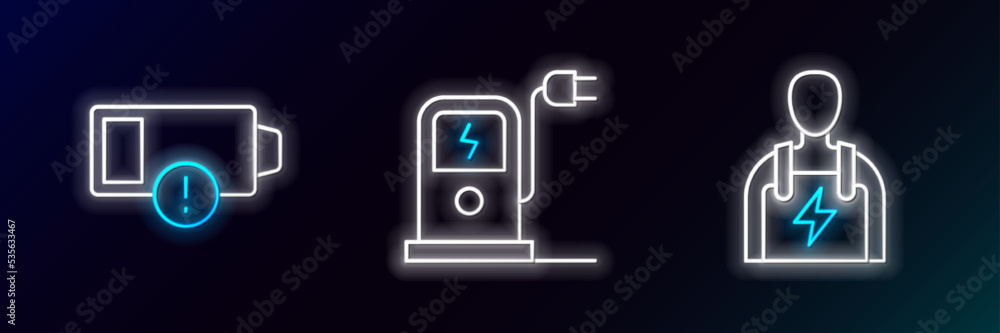 Set line Car mechanic, Low battery and Electric car charging station icon. Glowing neon. Vector Set line Car mechanic, Low battery and Electric car charging station icon. Glowing neon. Vector