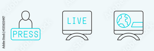 Set line Breaking news, Journalist and Live report icon. Vector