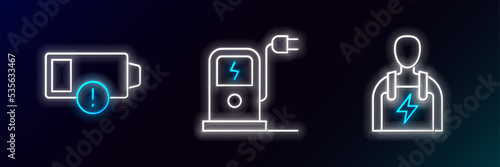 Set line Car mechanic, Low battery and Electric car charging station icon. Glowing neon. Vector