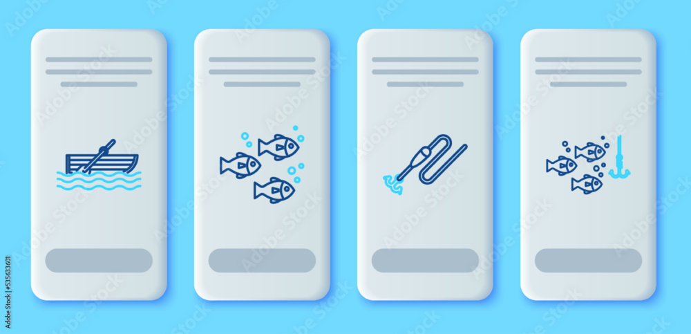 Set line Fish, Fishing line with hook and float, boat oars on water and under fish icon. Vector