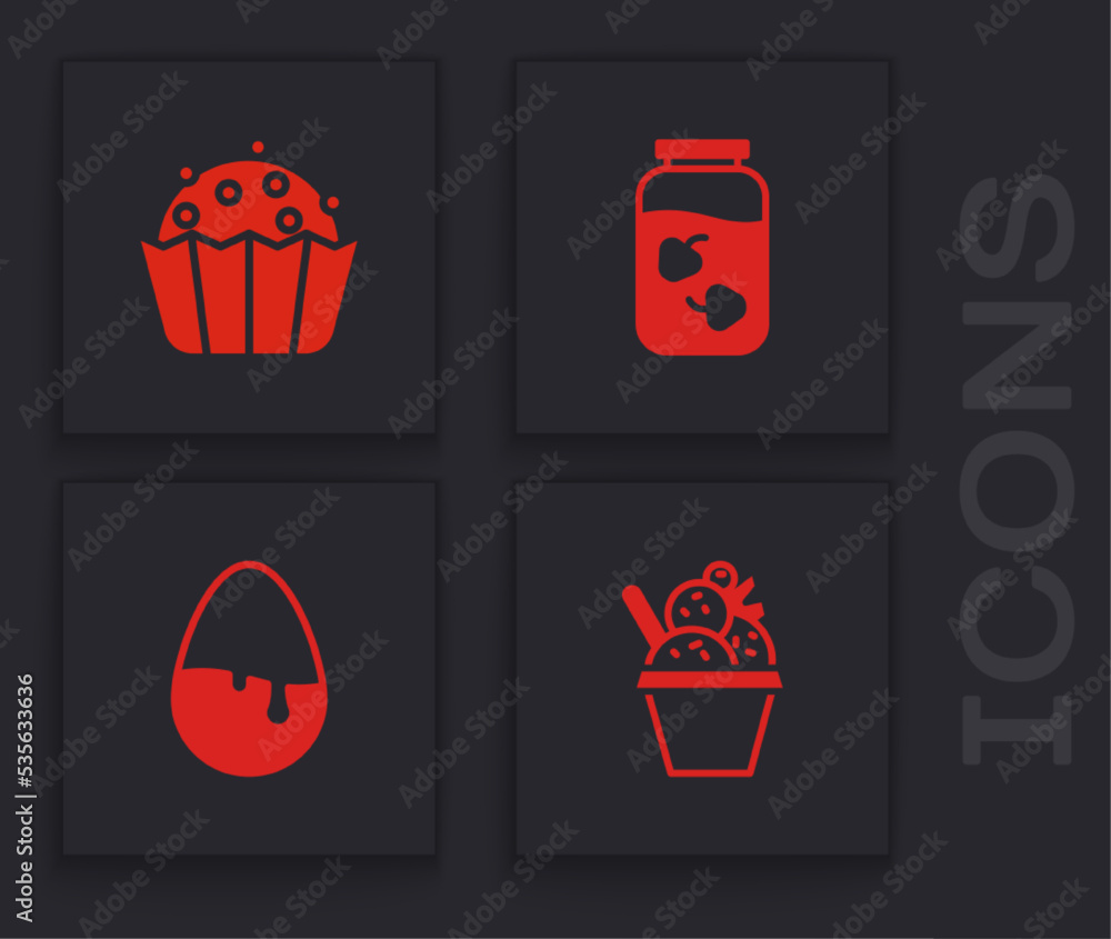 Set Ice cream in bowl, Cupcake, Strawberry jam jar and Chocolate egg icon. Vector Set Ice cream in bowl, Cupcake, Strawberry jam jar and Chocolate egg icon. Vector