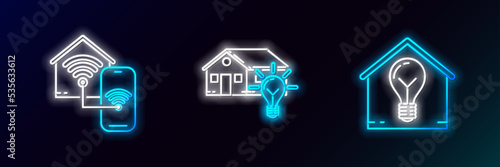 Set line Smart house and light bulb, home with wi-fi and icon. Glowing neon. Vector