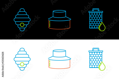 Set line Honeycomb, Hive for bees and Beekeeper with protect hat icon. Vector