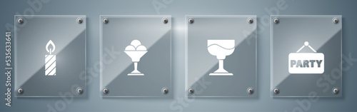 Set Signboard party, Cocktail, Ice cream in bowl and Birthday cake candles. Square glass panels. Vector