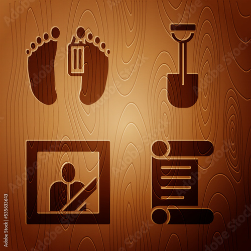 Set Decree, parchment, scroll, Dead body, Mourning photo frame and Shovel on wooden background. Vector