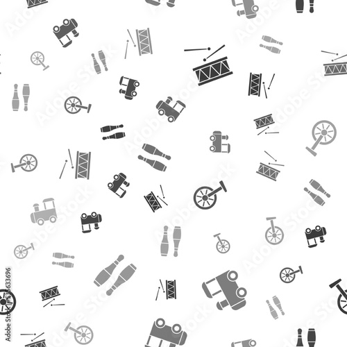 Set Drum with drum sticks, Toy train, Unicycle or one wheel bicycle and Bowling pin on seamless pattern. Vector