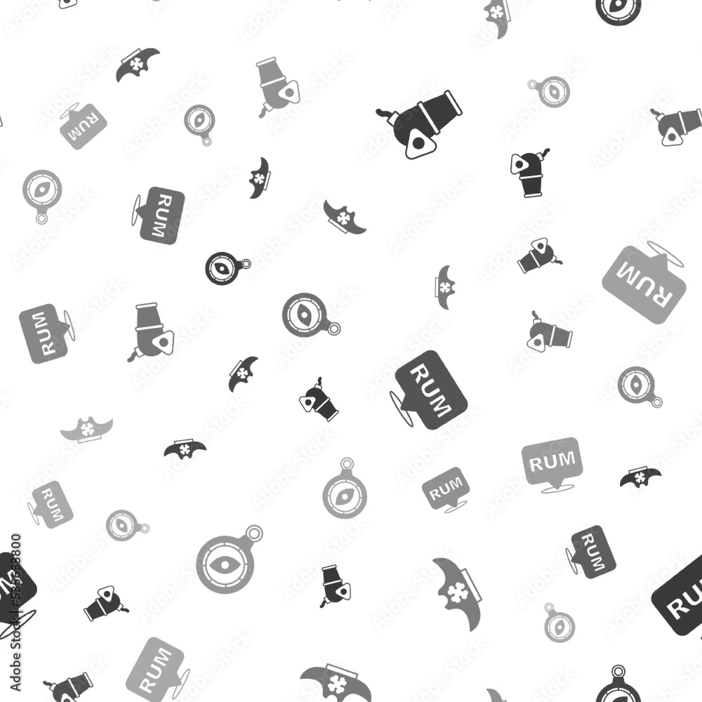 Set Cannon, Pirate hat, Alcohol drink Rum and Compass on seamless pattern. Vector Set Cannon, Pirate hat, Alcohol drink Rum and Compass on seamless pattern. Vector