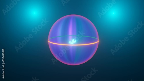 Quantum qubit in superposition state, bloch sphere, visualisation of concept of quantum coputing, illustration, 3D rendering, animation