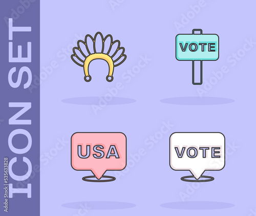 Set Vote, Indian headdress with feathers, USA Independence day and icon. Vector
