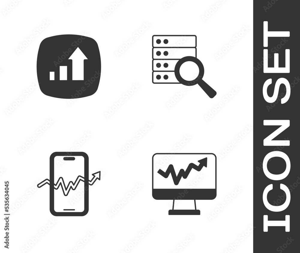 Set Monitor with graph chart, Financial growth, Mobile stock trading and Server icon. Vector Set Monitor with graph chart, Financial growth, Mobile stock trading and Server icon. Vector