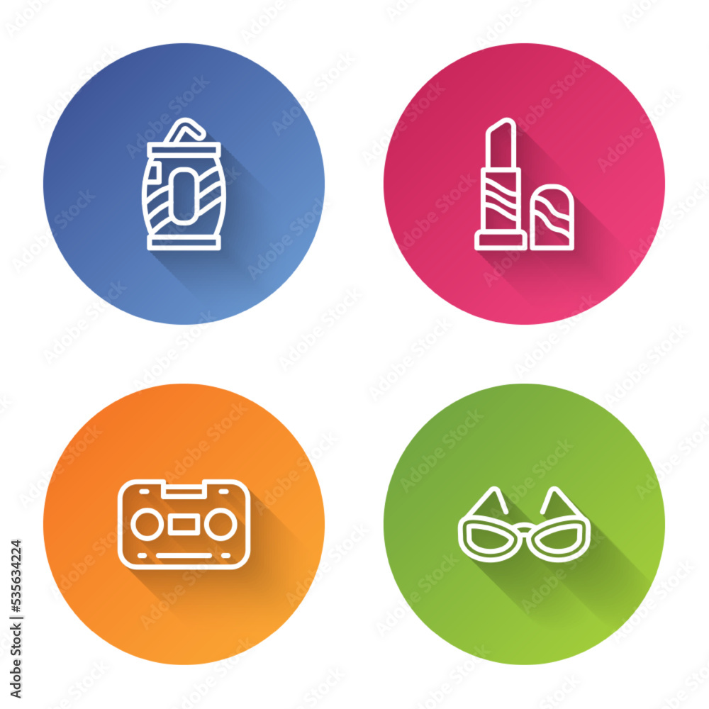 Set line Soda can with straw, Lipstick, Retro audio cassette tape and Glasses. Color circle button. Vector Set line Soda can with straw, Lipstick, Retro audio cassette tape and Glasses. Color circle button. Vector