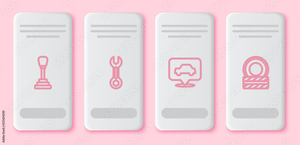 Set line Gear shifter, Wrench spanner, Car service and tire wheel. White rectangle button. Vector Set line Gear shifter, Wrench spanner, Car service and tire wheel. White rectangle button. Vector