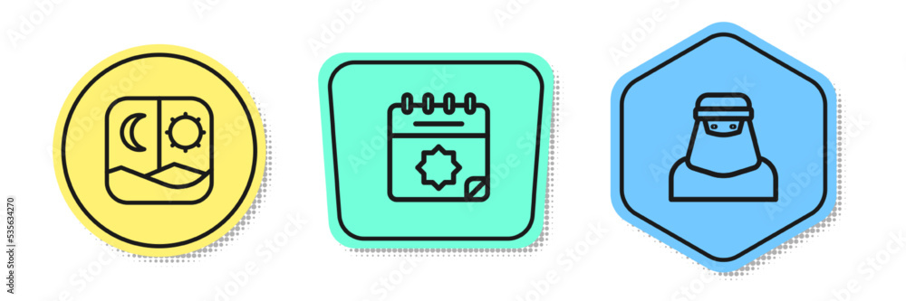 Set line Ramadan fasting, calendar and Muslim woman niqab. Colored shapes. Vector Set line Ramadan fasting, calendar and Muslim woman niqab. Colored shapes. Vector