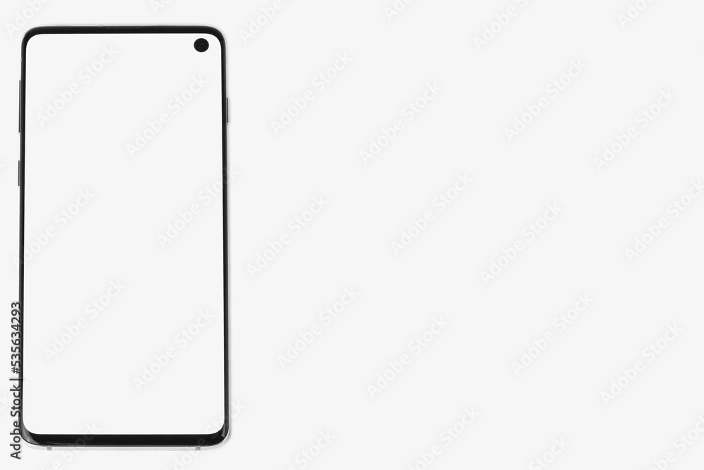 Smartphone with a white display on a white isolated background. Copyspace Smartphone with a white display on a white isolated background. Copyspace