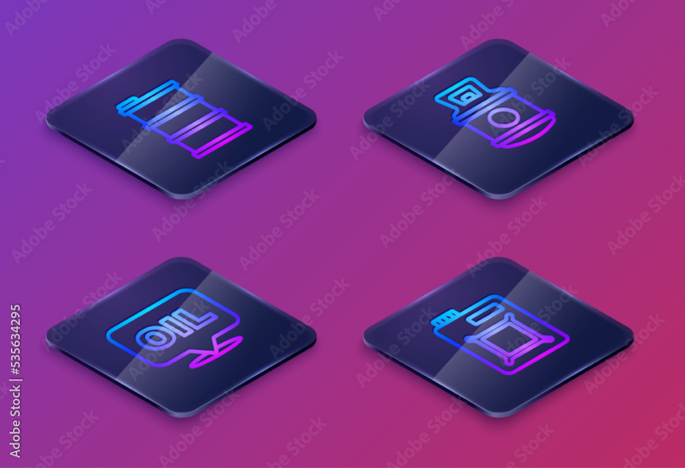 Set Isometric line Barrel oil, Word, Propane gas tank and Canister for motor. Blue square button. Vector Set Isometric line Barrel oil, Word, Propane gas tank and Canister for motor. Blue square button. Vector