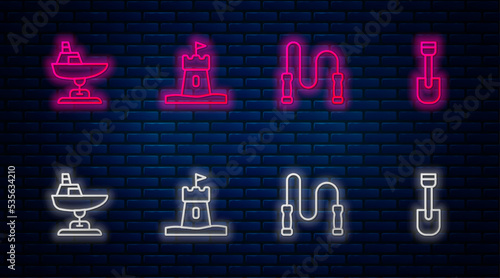 Set line Sand tower, Jump rope, Swing boat and Shovel toy. Glowing neon icon on brick wall. Vector