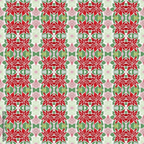 Seamless Christmas poinsettia retro pattern. Decorative ornament in seasonal red for December holiday background. Winter botanical vintage scandi repeat tile. 