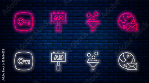 Set line Advertising, Lead management, Key and Earth globe with mail. Glowing neon icon on brick wall. Vector