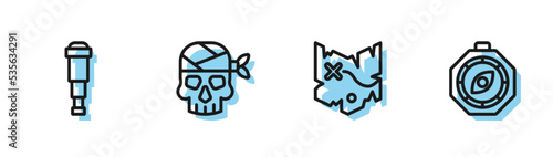 Set line Pirate treasure map, Spyglass telescope lens, captain and Compass icon. Vector