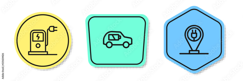 Set line Electric car charging station, and Charging parking electric. Colored shapes. Vector Set line Electric car charging station, and Charging parking electric. Colored shapes. Vector