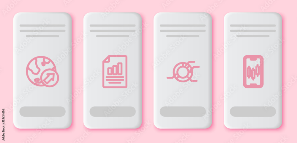 Set line Financial growth, Document with graph chart, Pie infographic and Mobile stock trading. White rectangle button. Vector Set line Financial growth, Document with graph chart, Pie infographic and Mobile stock trading. White rectangle button. Vector